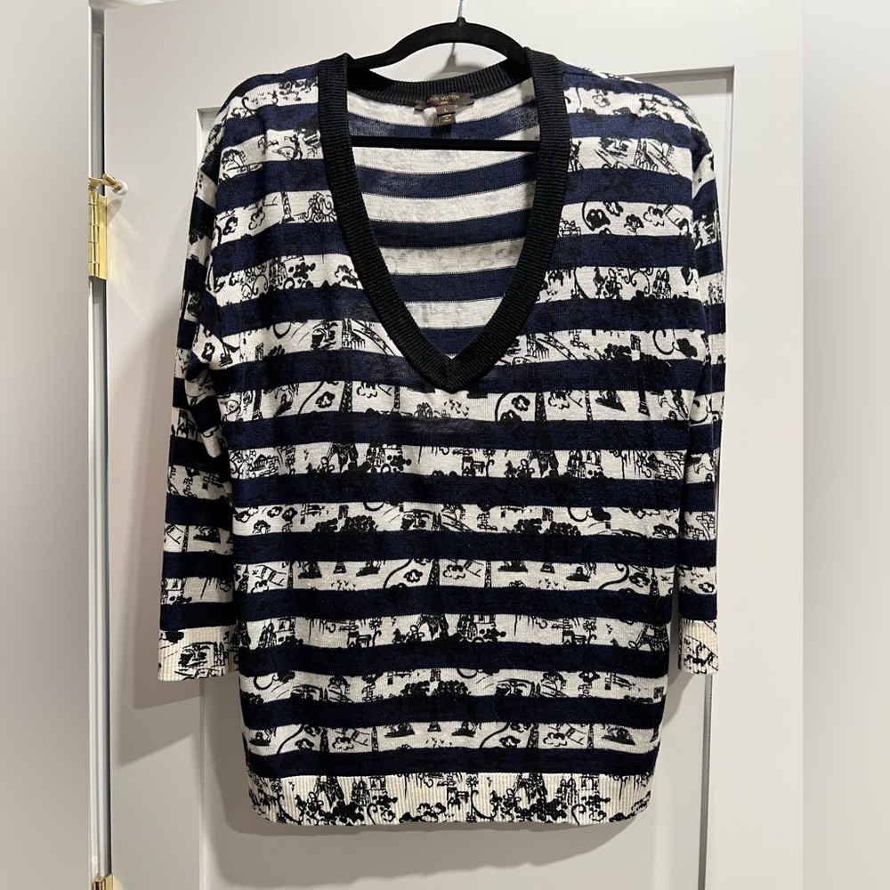 Louis Vuitton knit sweater striped French print v neck